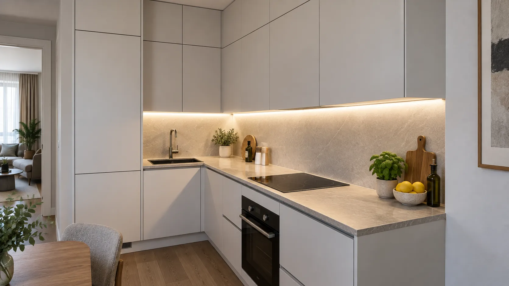 Кухня с непрерывной LED-подсветкой рабочей зоны под шкафами.