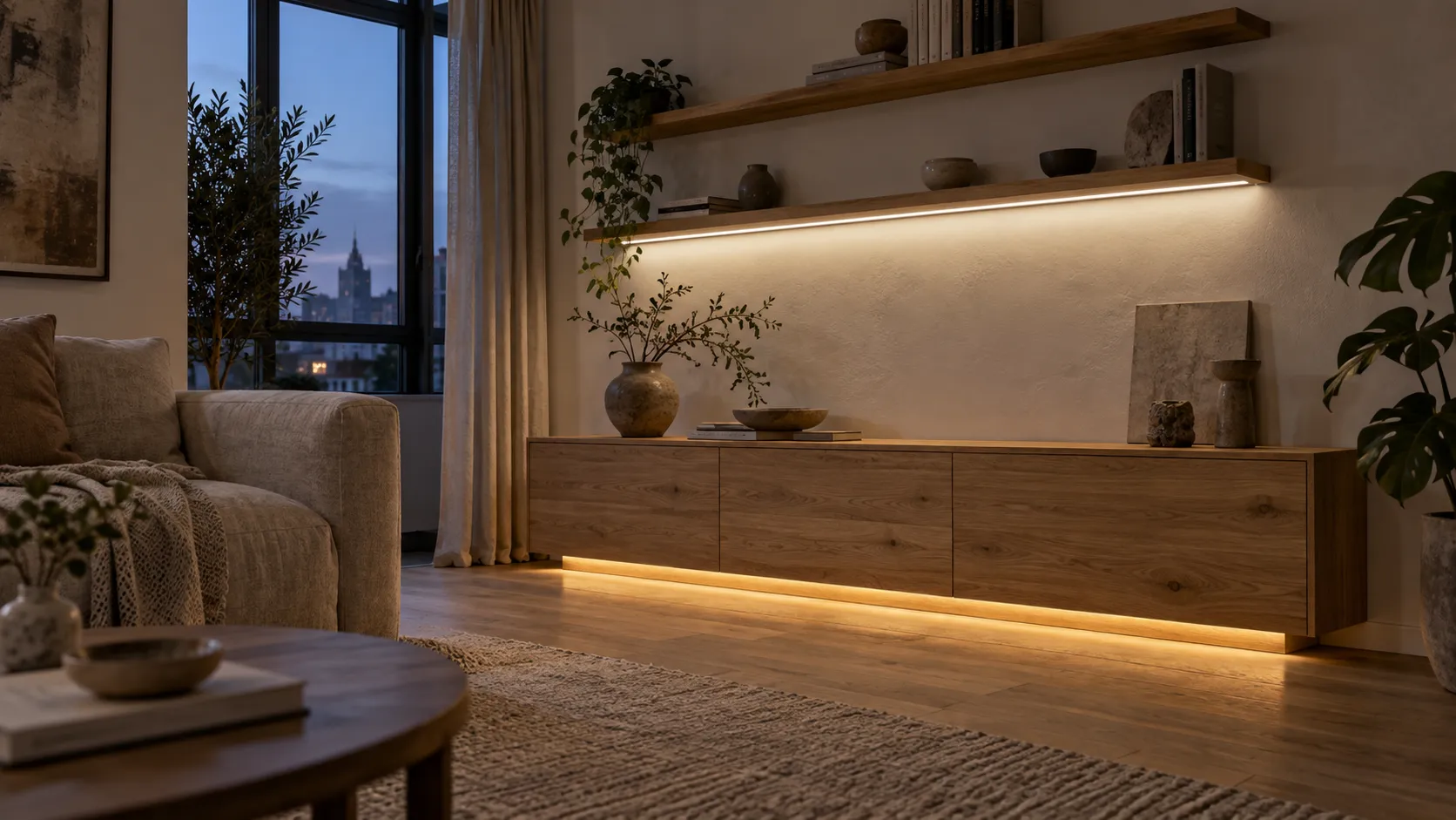 LED-подсветка тумбы и настенных полок.