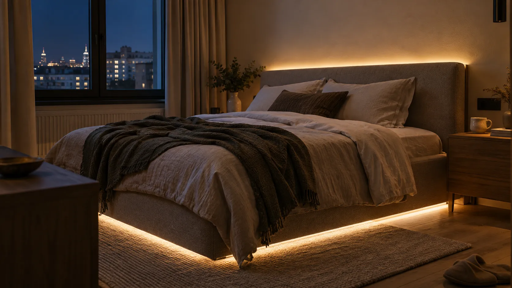 Низкая LED-подсветка кровати и изголовья.