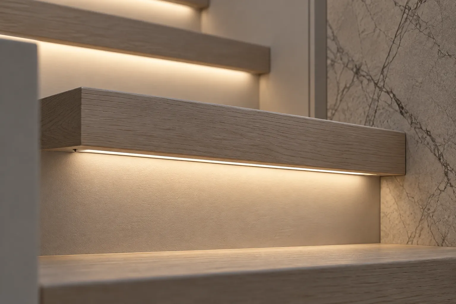 Скрытый LED-профиль под свесом ступени направляет свет вниз.