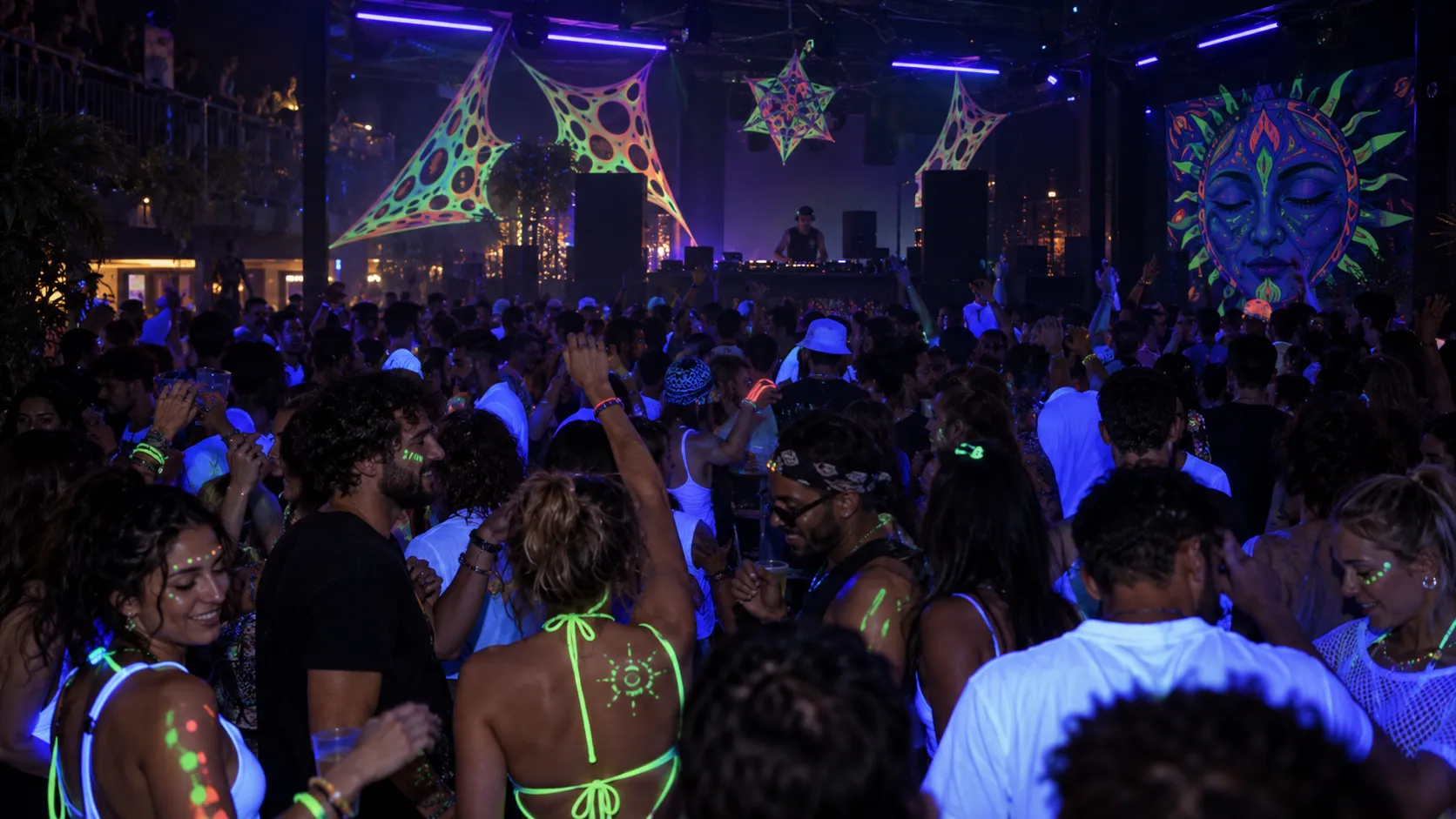 Люди и флуоресцентный декор в клубе под UV blacklight.