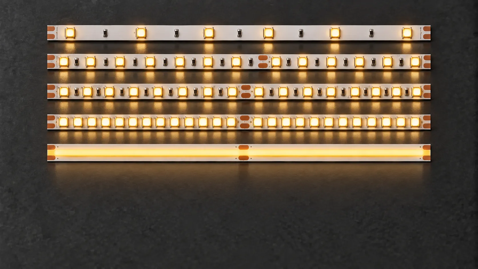Пять одинаковых по длине LED-лент: отдельные SMD-компоненты расположены с разным шагом, последний образец — непрерывная полоса COB.