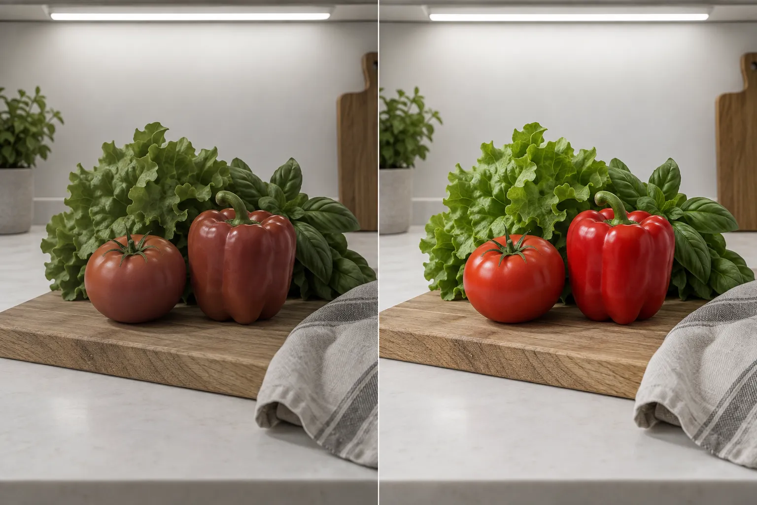Одинаковые продукты и материалы под светом с разной цветопередачей.