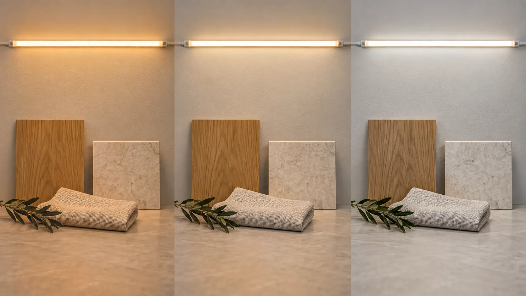 Три LED-образца 2700, 3000 и 4000 K освещают одинаковые материалы.