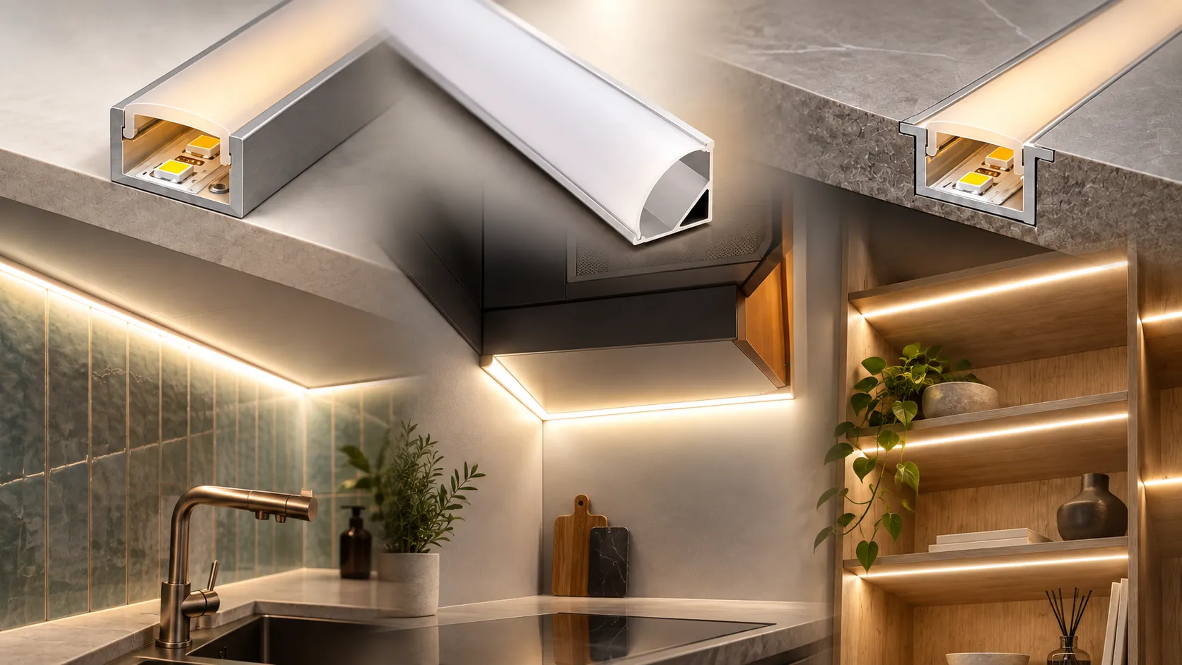 Кухонная LED-подсветка с примерами накладного, углового и врезного профилей.