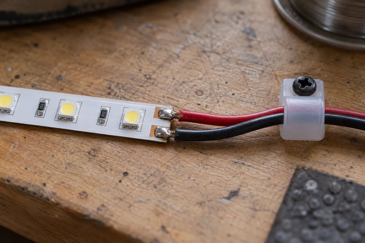 Обесточенный паяный узел на одноцветной LED-ленте.