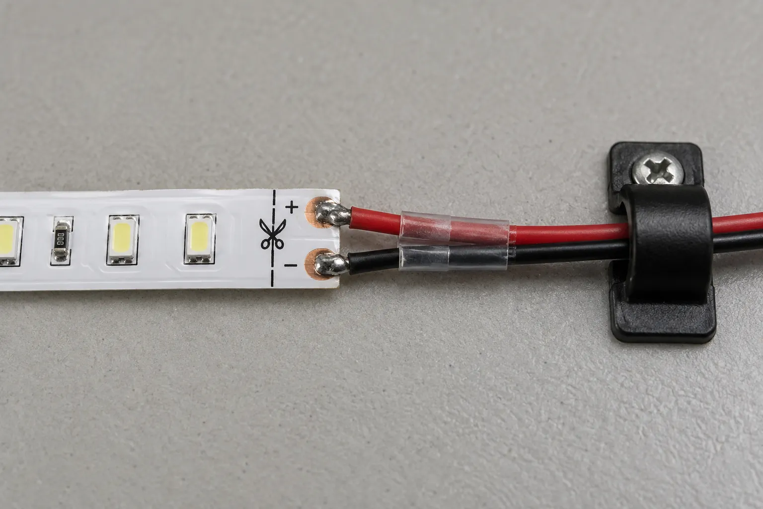 Пайка провода к площадкам LED-ленты с отдельной разгрузкой кабеля.
