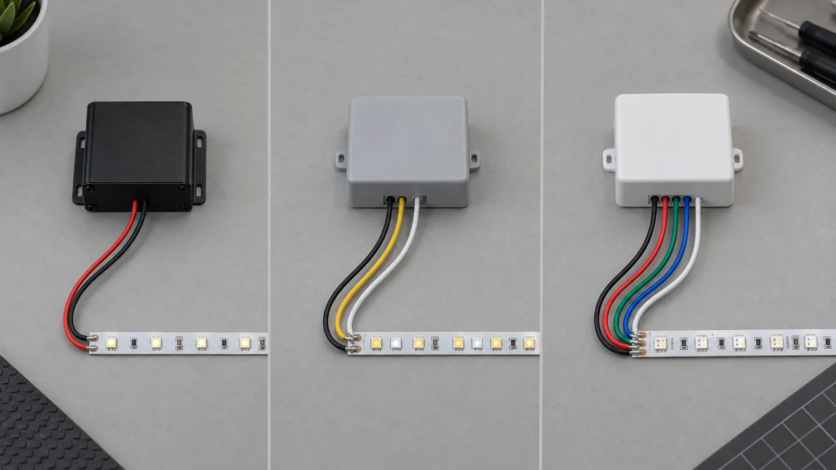 Три контроллера Arlight для Mono/DIM, MIX/CCT и RGBW с соответствующими LED-нагрузками.