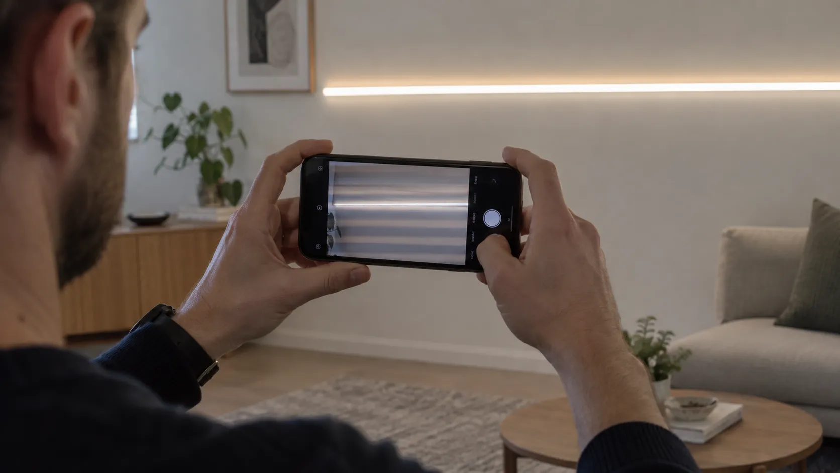 Камера снимает ровную LED-линию, а на preview видны rolling-shutter полосы.