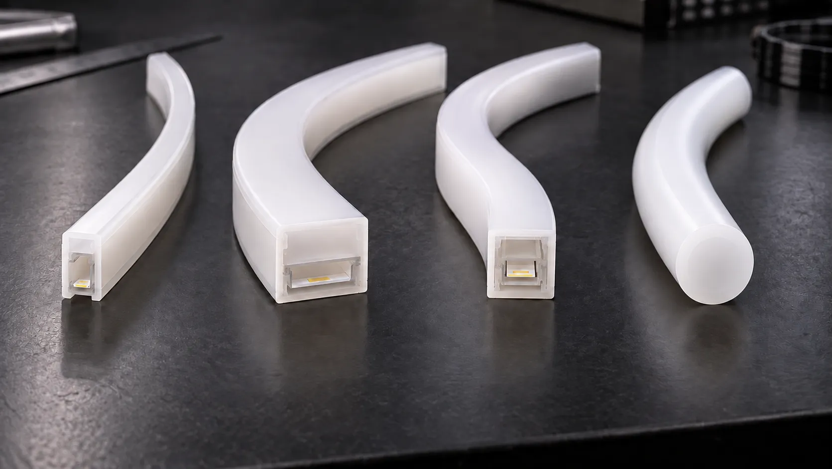 Четыре образца Neon Flex: TOP, SIDE, 3D и круглый профиль с излучением 360°.