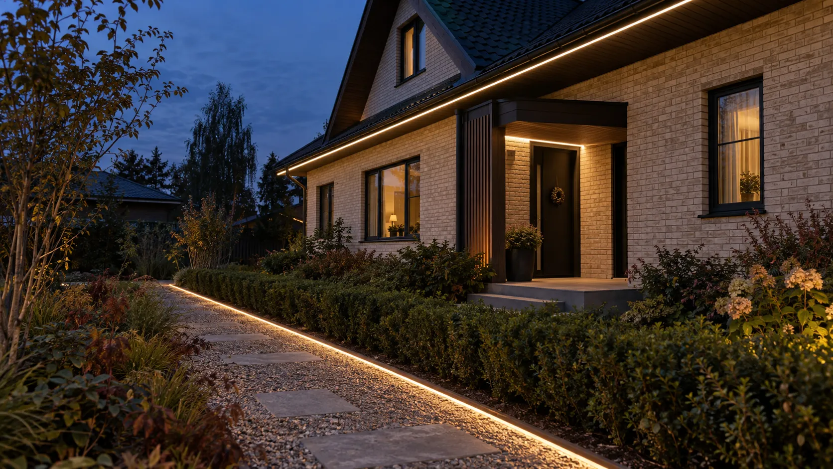 Наружные LED-контуры дома, входа и дорожки.