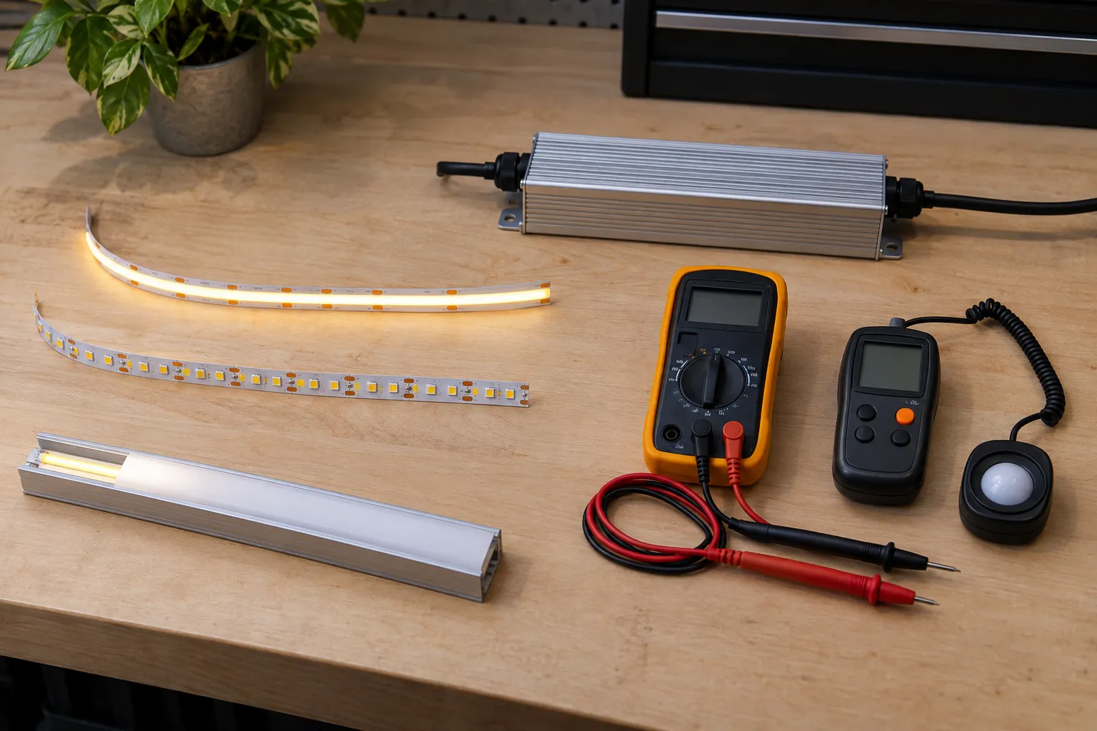 Комплект подбора LED-системы с двумя лентами, профилем, БП и измерительными приборами.